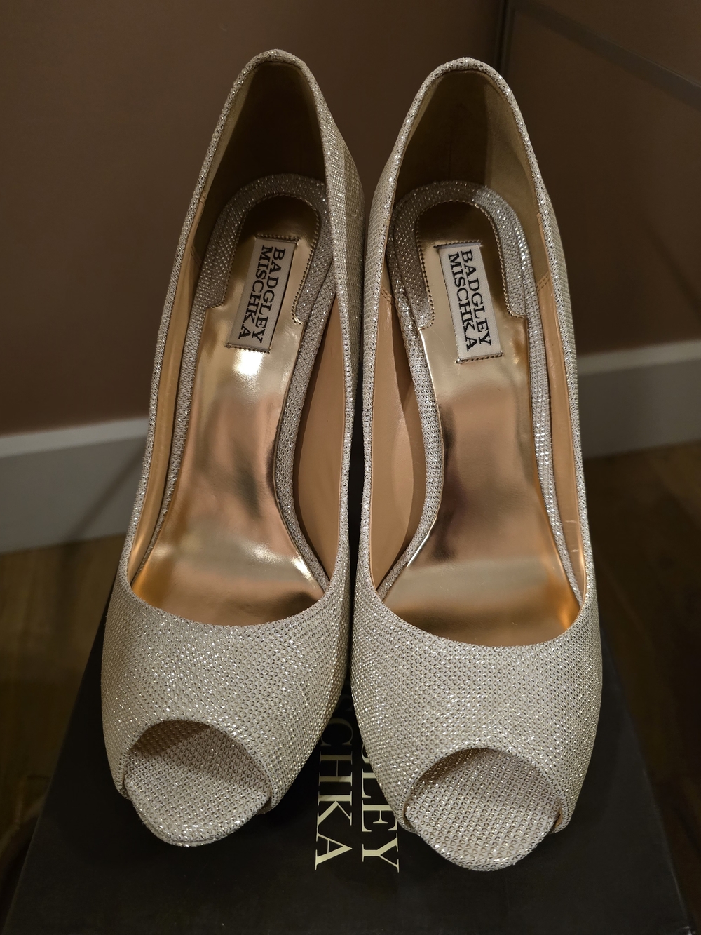 Badgley Mischka Champagne Glitter Peep-Toe Pumps